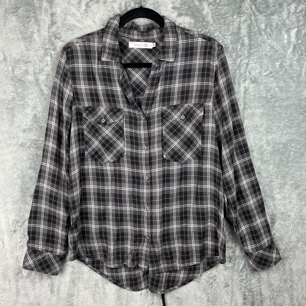 Billy‎ T Top Womens Medium Button Up Plaid Lace Up Back Shirt Country Farmhouse
